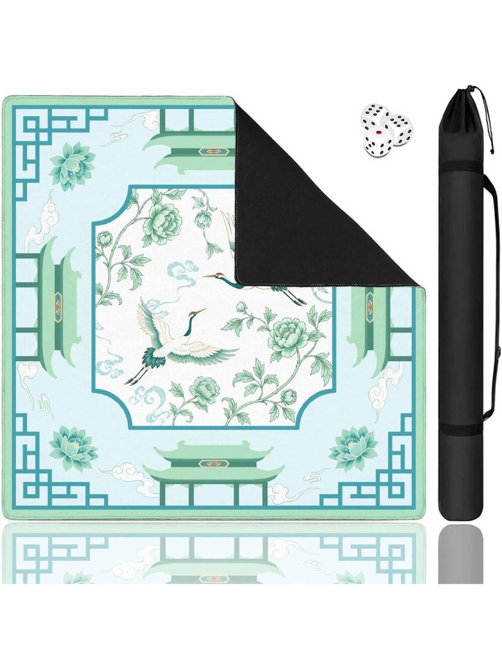 Chinoiserie Green Mahjong Mat - 31.5x31.5in Anti-Slip Neoprene Table Cloth Set